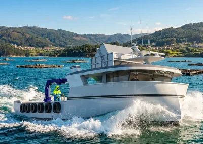 Aquaculture vessel render 20 m designed by Samala Shipyard – 7.50 m beam fish farming workboat concept