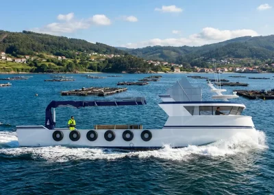 Aquaculture vessel render 20 m designed by Samala Shipyard – 7.50 m beam fish farming workboat concept