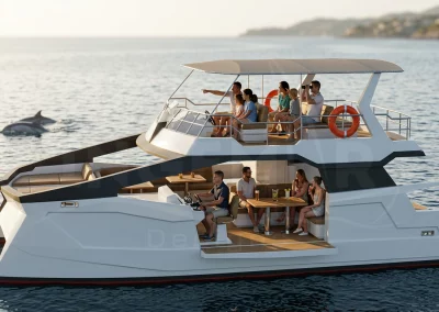 Passenger boat render 12 m designed by Samala Shipyard – beam 4.80 m coastal passenger vessel concept