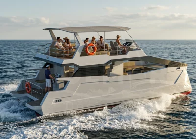 Passenger boat render 12 m designed by Samala Shipyard – beam 4.80 m coastal passenger vessel concept